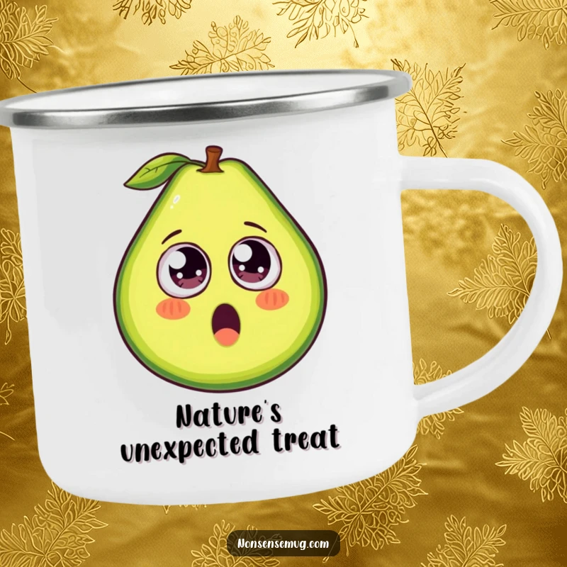 Funny avocado camping mug, a rugged cup with a surprised avocado revealing googly eyes, great for outdoors.