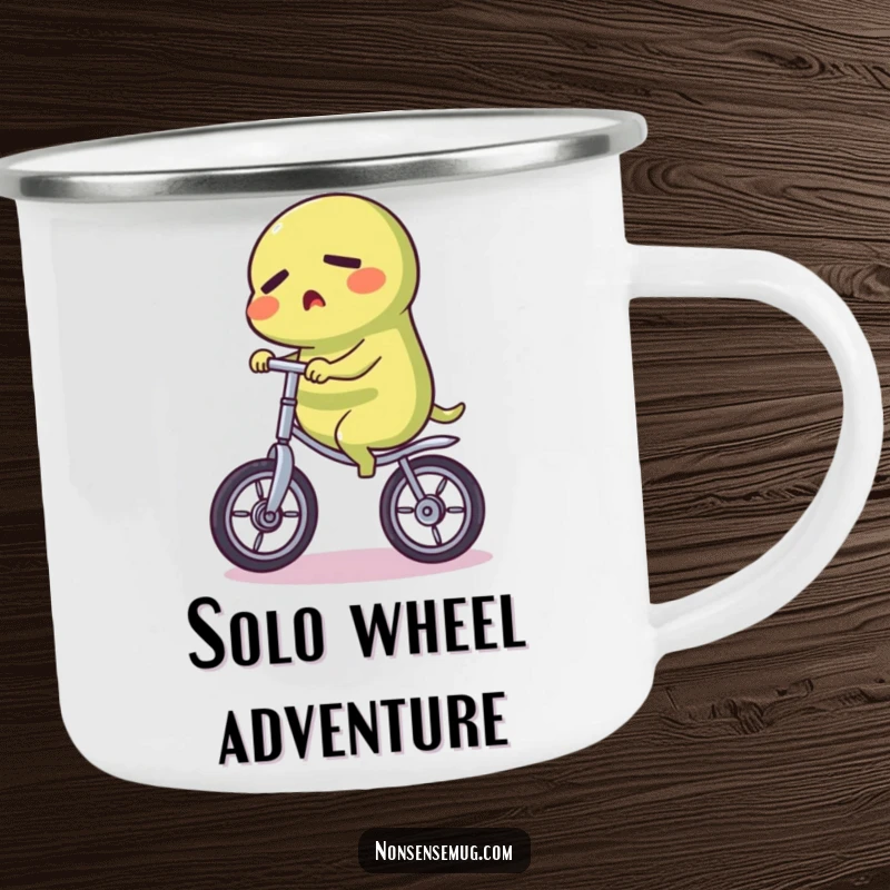 Funny Pickle Camping Mug: A rugged camping mug with a funny image of a determined pickle riding a unicycle, built for tough trails.