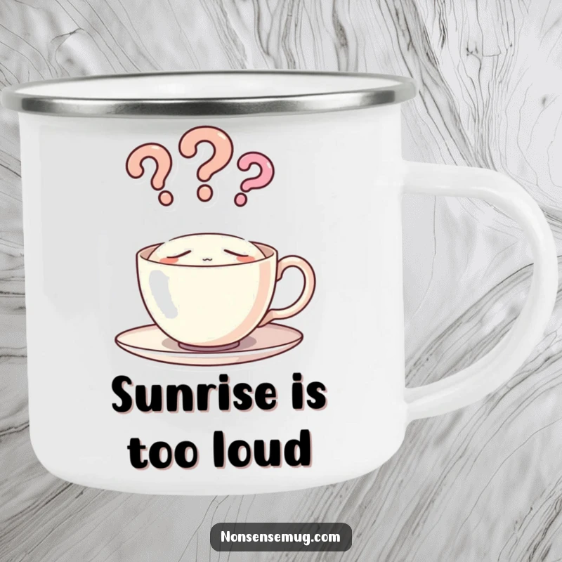 Funny and sturdy camping mug featuring a sleeping teacup with question mark steam, ideal for outdoor enthusiasts.