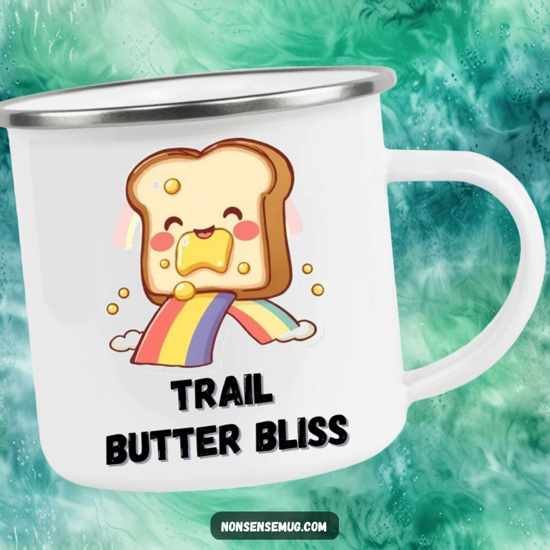 Funny buttered toast, sliding down a rainbow, on a camping mug, a cheerful funny gift.