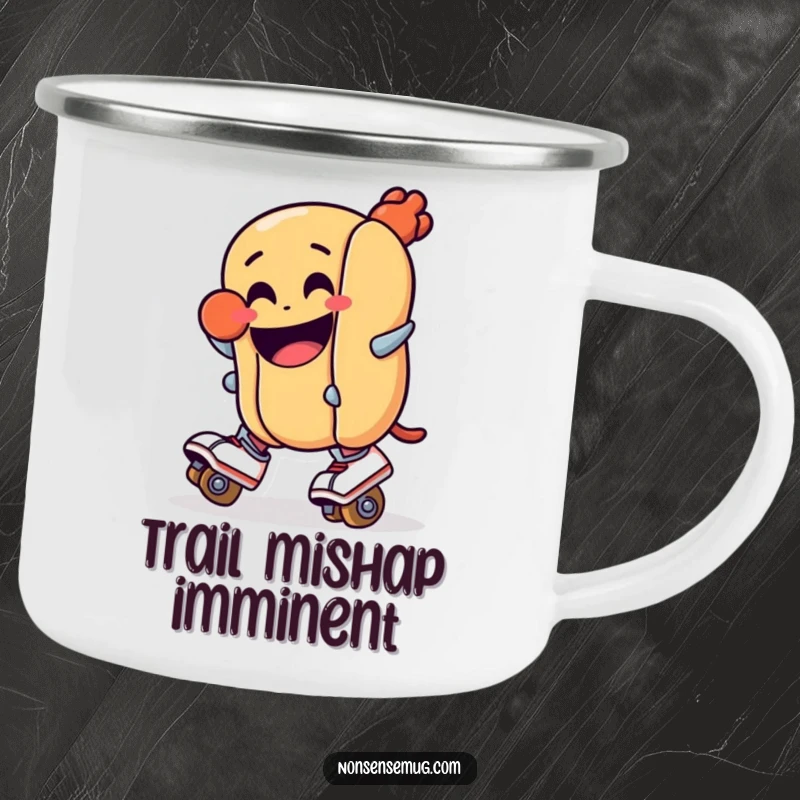 Funny camping mug: A determined hot dog in roller skates, comically about to fall in an outdoor setting. Rugged and humorous.