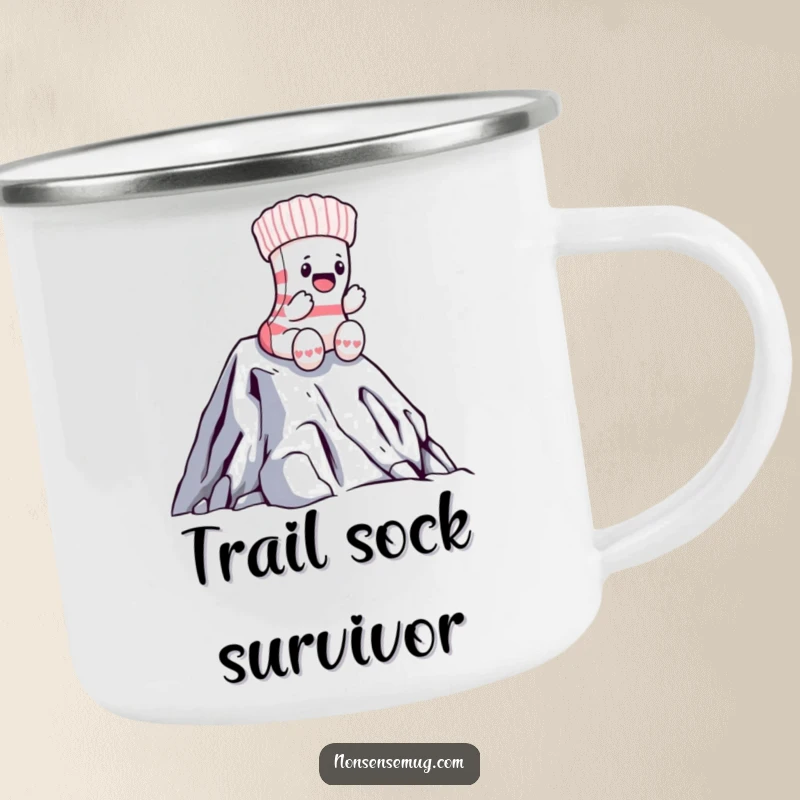 Funny sock camping mug with a brave sock heroically climbing a mountain of laundry, perfect for outdoor drinks.