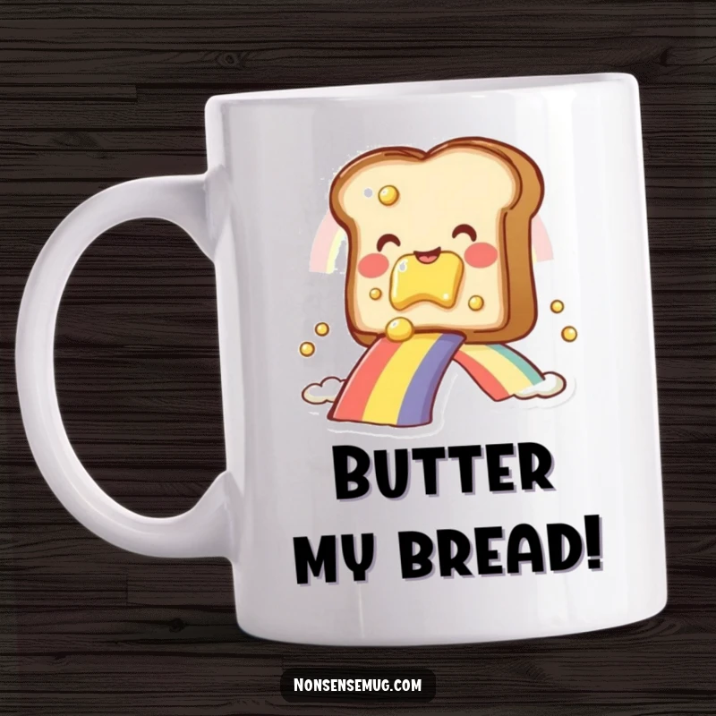 Funny smiling toast with butter, gracefully sliding down a vibrant rainbow, bringing cheerful vibes, excellent funny gift.