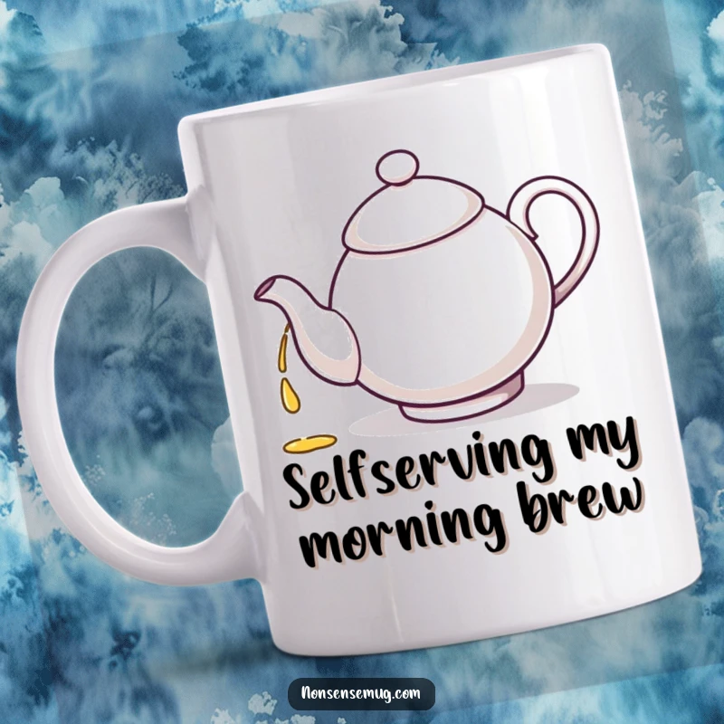 Funny illustration of a teapot confusedly pouring tea directly into its own spout on a mug.