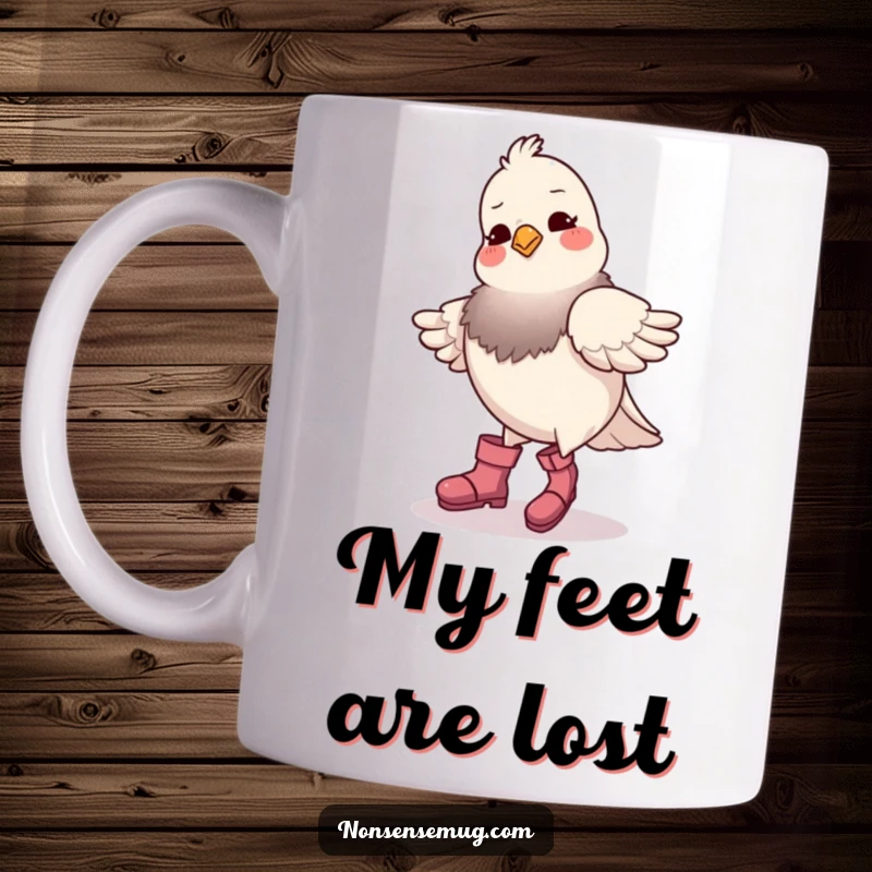 Funny pigeon wearing boots, awkwardly trying to dance on a coffee mug, expressing utter confusion and a dash of silliness.
