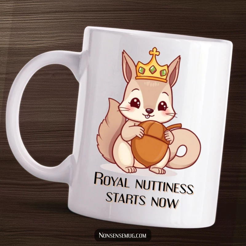 Funny mug showcasing a crowned squirrel eagerly accepting a giant acorn, symbolizing supreme nutty joy and regal entitlement, a perfect funny gift.