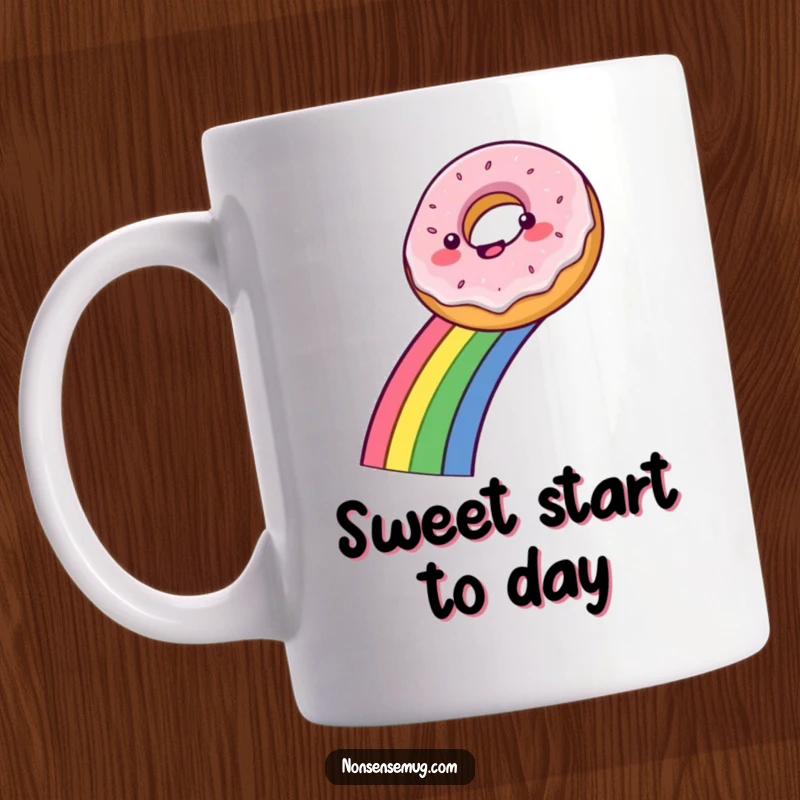 Funny mug featuring a delighted donut joyfully sliding down a vibrant rainbow, embodying pure sugary bliss.