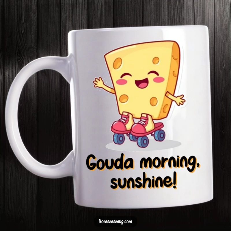 Funny mug showing a delighted slice of cheese wearing roller skates and giggling, a humorous treat for food lovers.