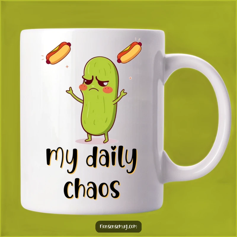 Funny Grumpy Pickle Mug: Juggling Hot Dogs - Hilarious Foodie Funny Gift
