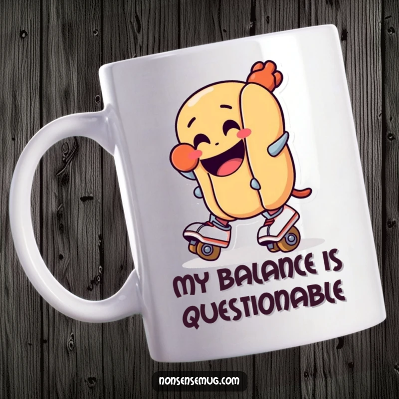 Funny mug: A grinning hot dog in roller skates, hilariously about to fall. Captures pure comedic chaos and skating ambition.