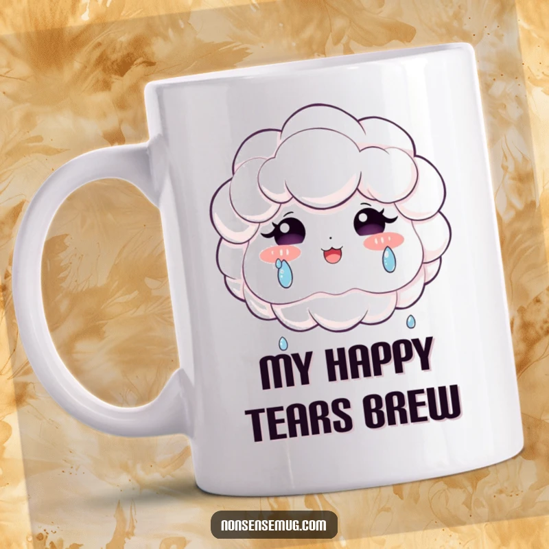 Funny mug displaying a cute, fluffy cloud with closed eyes, with large, shimmering teardrops of joy rolling down its cheek.
