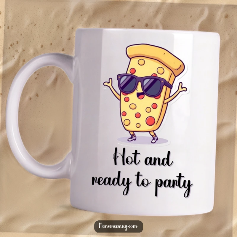 Funny mug showing a slice of pizza wearing sunglasses and joyfully dancing, radiating party vibes and delicious fun.