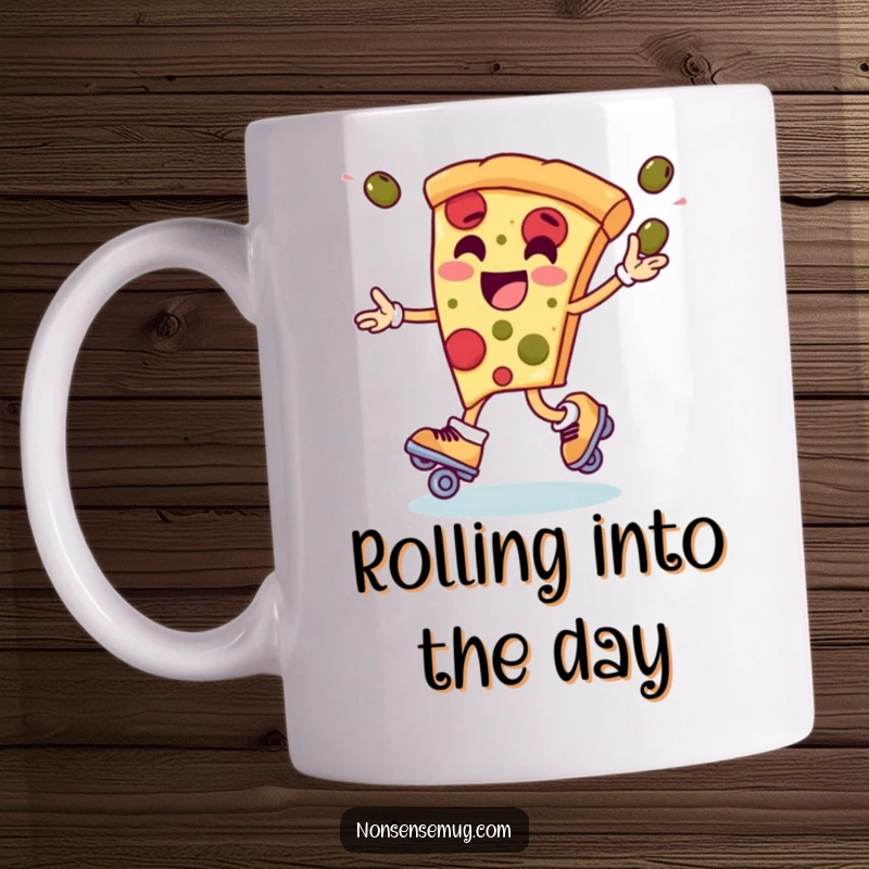 Funny mug illustration of a pizza slice wearing roller skates, skillfully juggling three black olives in the air with its cheesy topping.