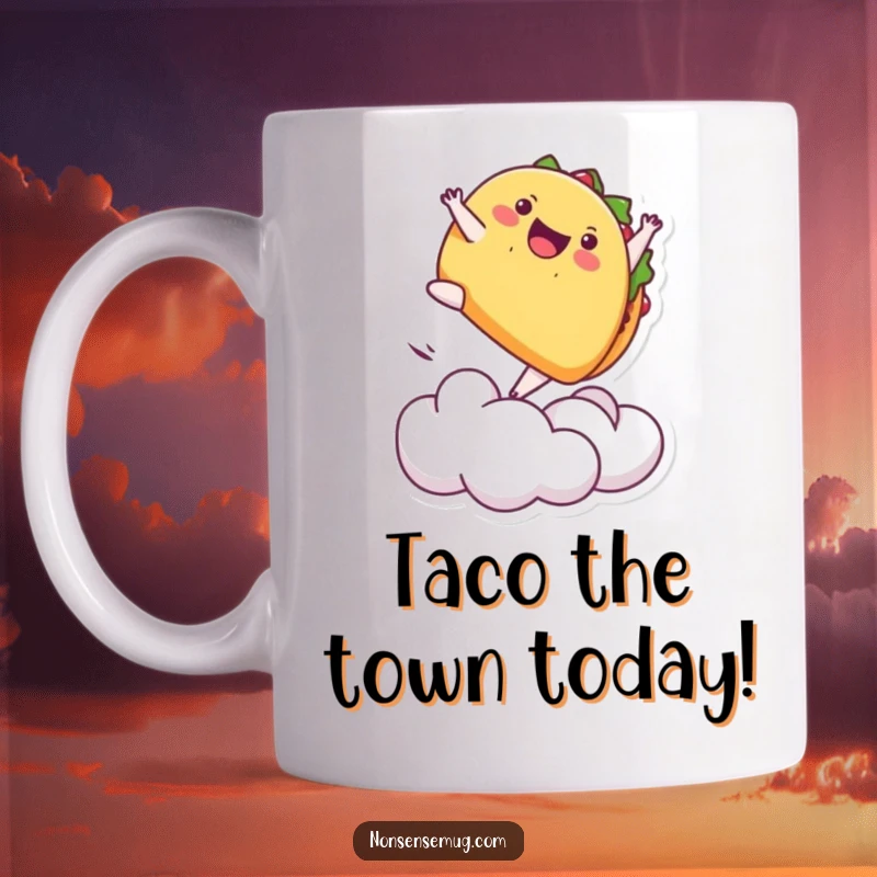 Funny mug depicting a playful taco performing a backflip off a cloud, celebrating deliciousness and action.