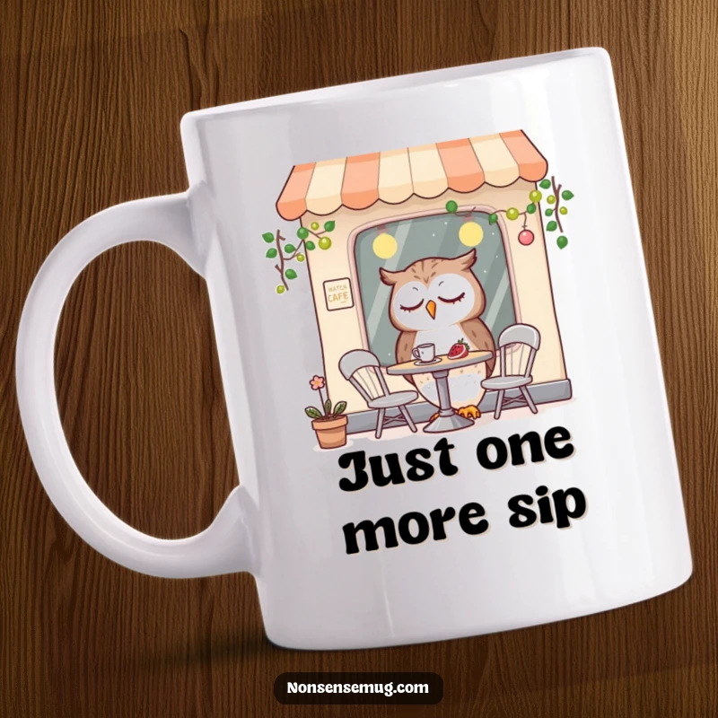 Funny coffee mug with a sleepy owl character dining at a miniature cafe, conveying a peaceful yet amusing morning vibe.