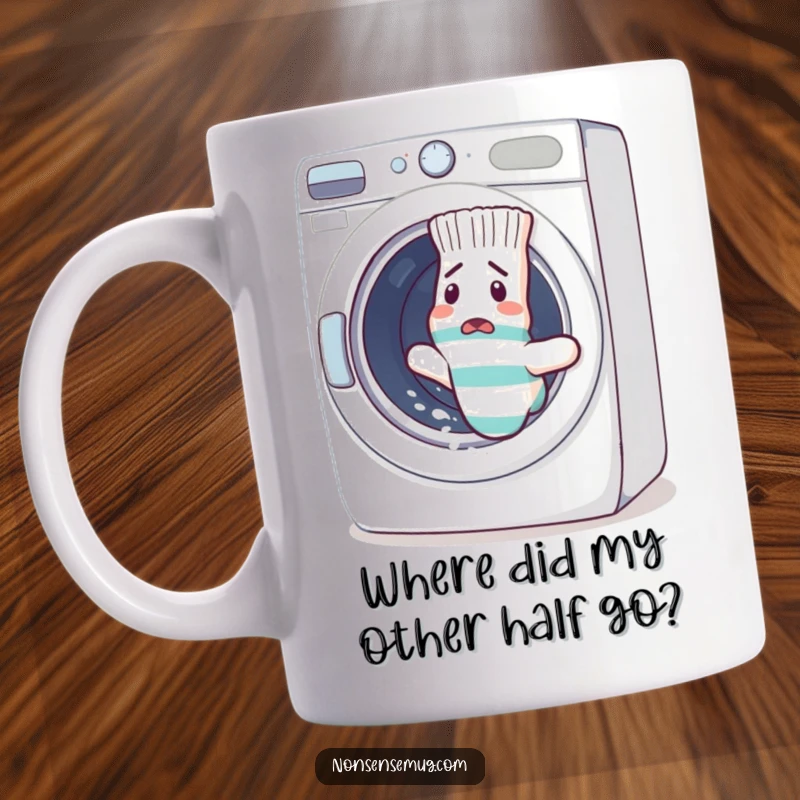 Funny sock escaping a washing machine on a mug, looking utterly confused and determined. Hilarious laundry day humor for gift-givers.