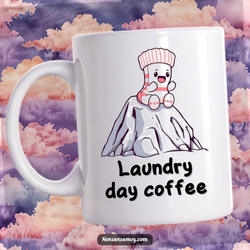 Funny sock mug showing a brave, lone sock heroically climbing a mountain made of laundry, embodying determination.