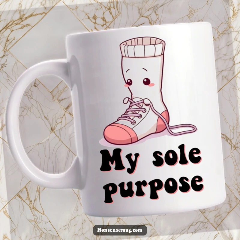 Funny sentient sock with laces, struggling to tie itself, on a mug, representing laundry day woes with a humorous twist.