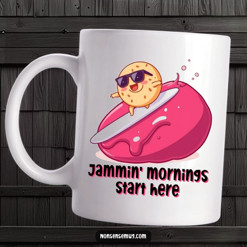 Funny mug design of a bagel wearing sunglasses surfing on jam, perfect for breakfast lovers seeking humor.