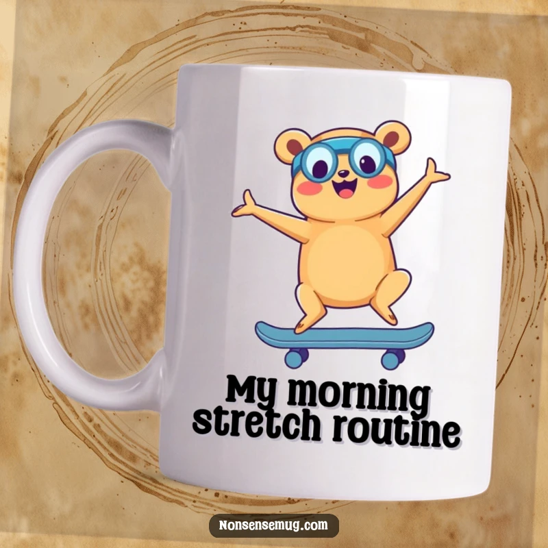 Funny mug featuring a cheerful hot dog in a yoga pose, balancing expertly on a skateboard, ready for a fun ride.