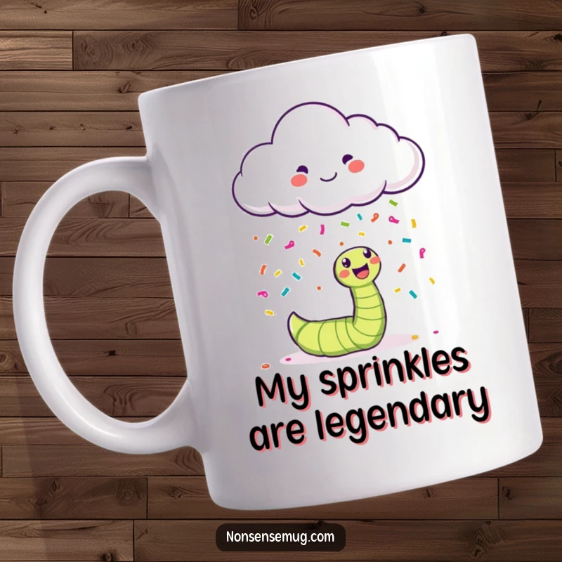 Funny happy cloud showering colorful confetti down upon a bewildered, surprised worm on a mug.
