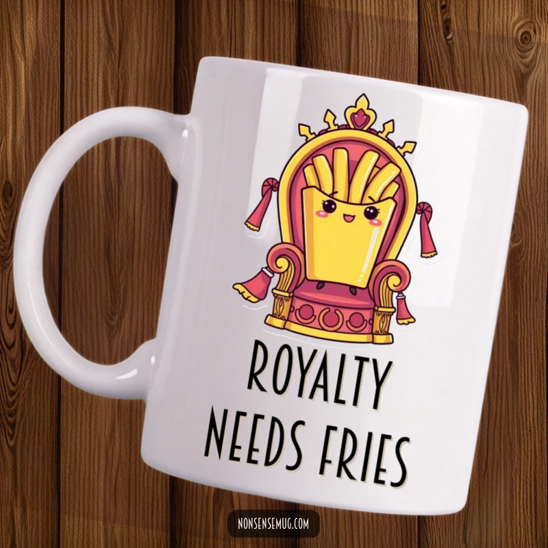 Funny mug showing a single French fry standing proudly on a golden throne, exuding an air of delicious, albeit comical, royalty.
