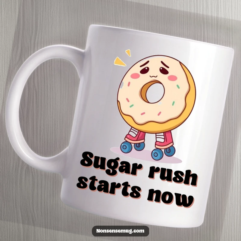 Funny donut mug showing a confused, glazed donut struggling comically to put on roller skates, embodying delightful bewilderment.