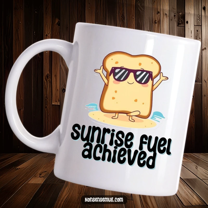 Funny slice of toast wearing sunglasses, striking a yoga pose on a beach, featured on a mug.