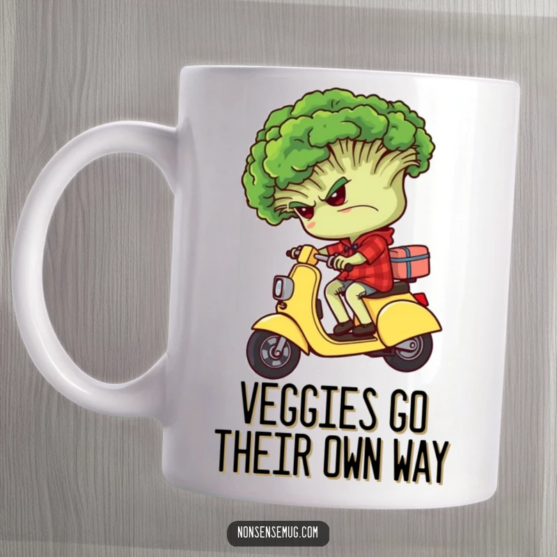 Funny grumpy broccoli character riding backwards on a tiny scooter, looking displeased on a mug.