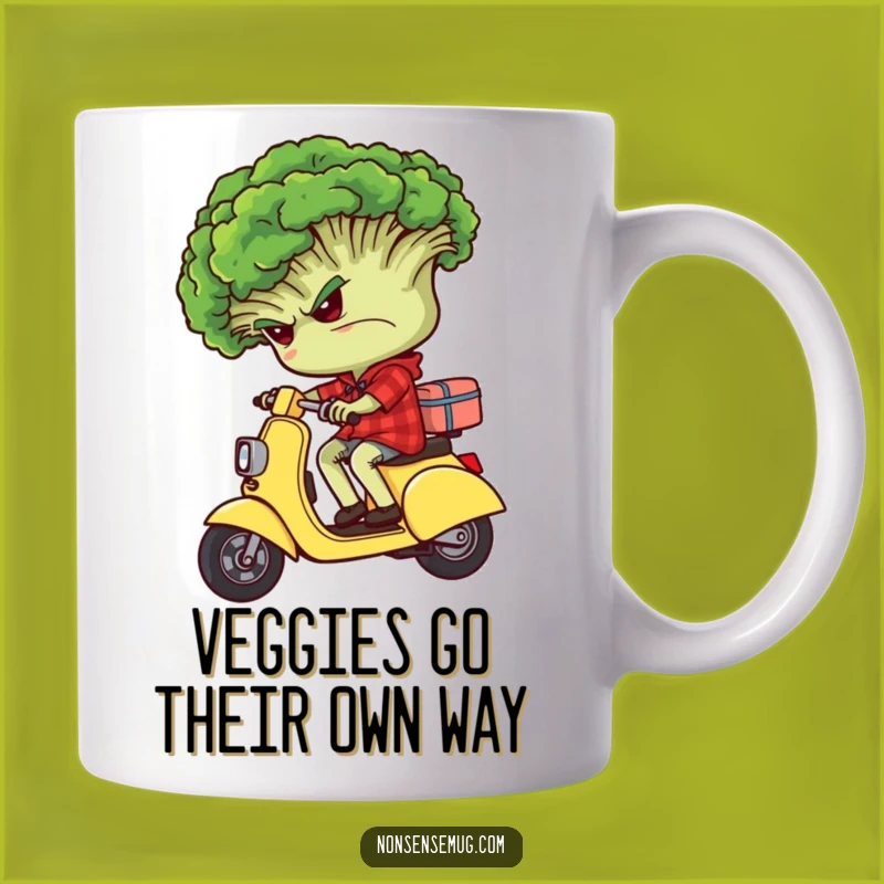Funny Grumpy Broccoli Scooter Mug - Hilarious Veggie Humor Gift
