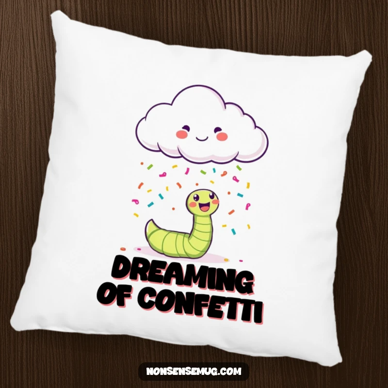 Soft pillow featuring a funny happy cloud raining colorful confetti on a bewildered worm.
