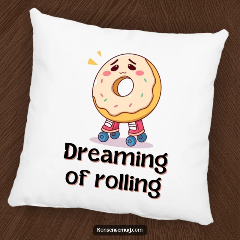 Funny donut pillow with a confused donut comically trying to wear roller skates, offering soft comfort and sweet humor.