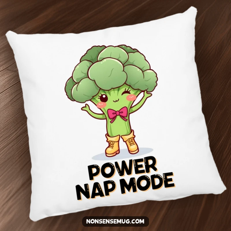 Funny broccoli character, dancing merrily in boots and a bow, on a plush pillow, a delightful funny gift.