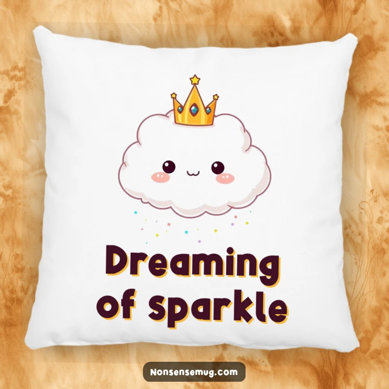 Funny pillow showcasing a cloud with a crown raining glitter, offering cozy comfort and a whimsical accent for any room.