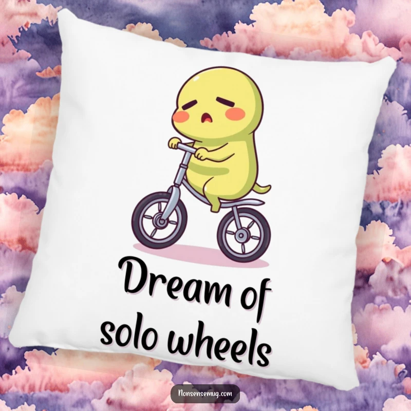 Funny Pickle Pillow: A soft pillow featuring a determined pickle character balancing on a unicycle, adding unique humor to any room.