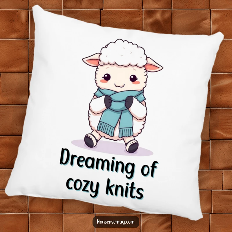 Funny pillow featuring a fluffy sheep humorously knitting a wool scarf around its own feet, soft and decorative.