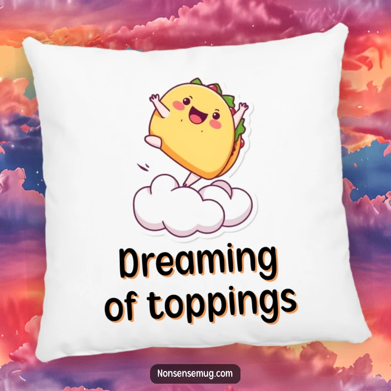 Funny pillow featuring a playful taco doing a backflip off a cloud, adding energetic humor and comfort.