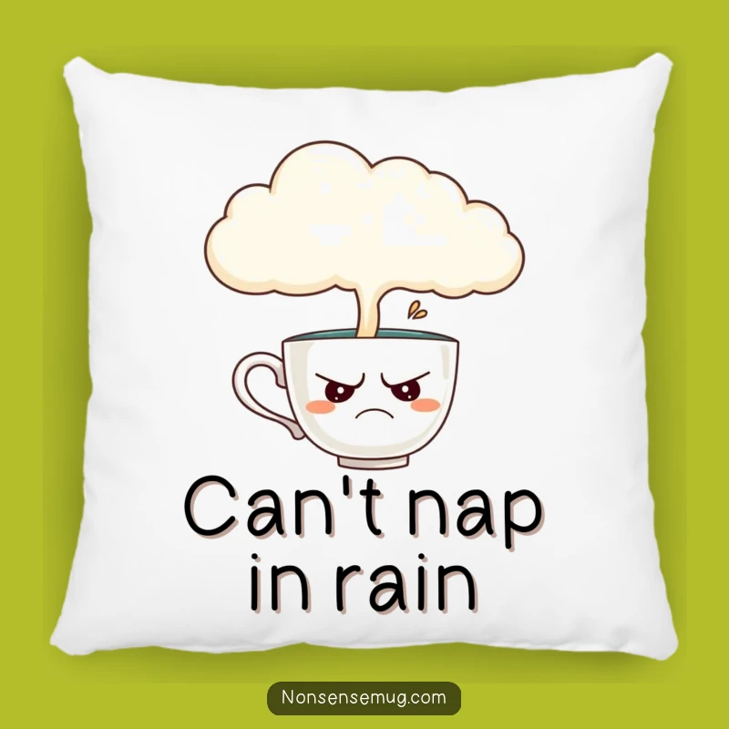 Funny Teacup Pillow: Disgruntled Teacup Under Rainy Cloud, Cozy Comforter for Gloom