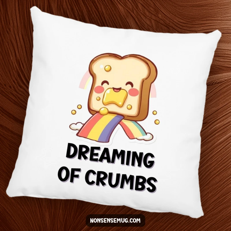 Funny buttered toast character, sliding down a rainbow, featured on a plush pillow, delightful funny gift.