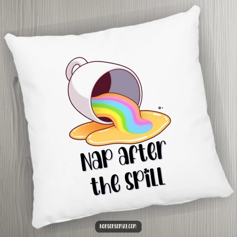 Funny coffee mug spilling a rainbow of liquid, on a soft pillow, bringing comfort and vibrant humor.