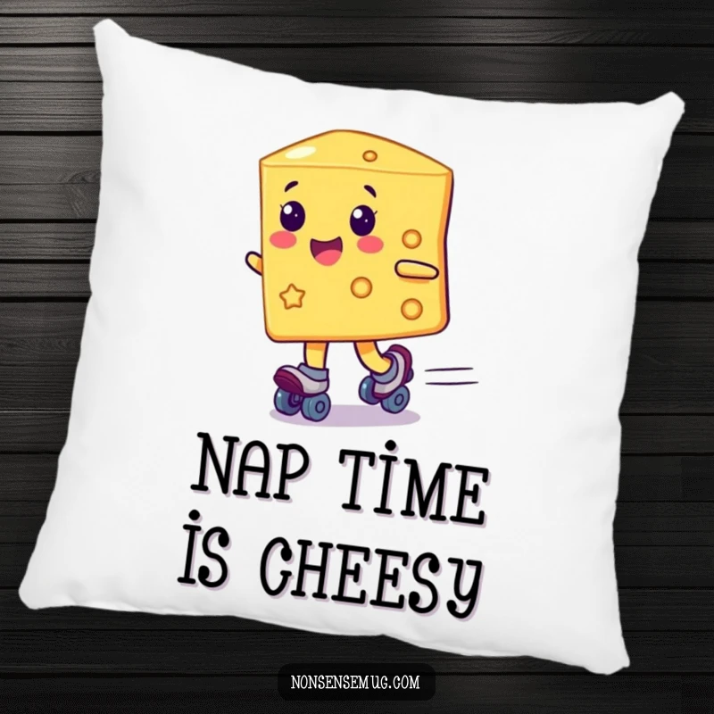 Funny, happy cheese slice character, actively roller skating, featured on a soft pillow, excellent funny gift.