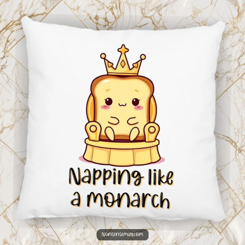 Funny pillow featuring a slice of toast wearing a tiny crown, sitting on a banana peel throne, for humorous comfort.
