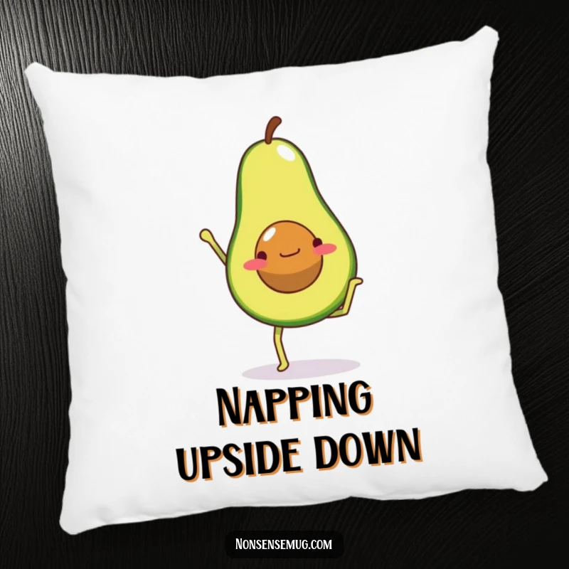 Funny pillow design of an avocado with legs bravely attempting a handstand, providing soft comfort and a cheerful vibe.