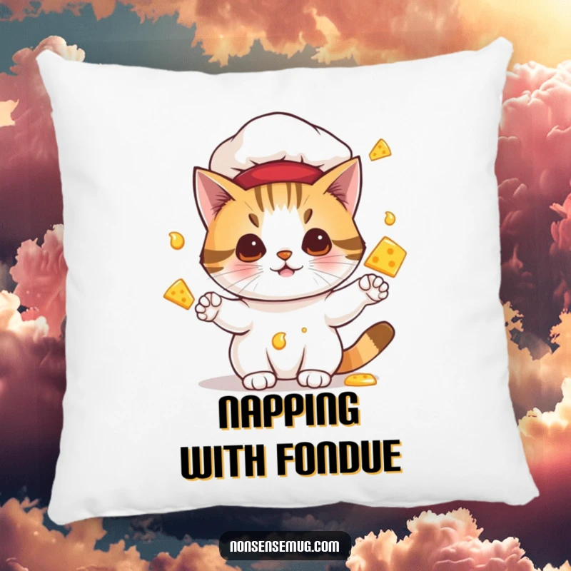 Funny pillow depicting a cat chef juggling melting cheese, offering comfortable, humorous, and feline-themed decorative flair.