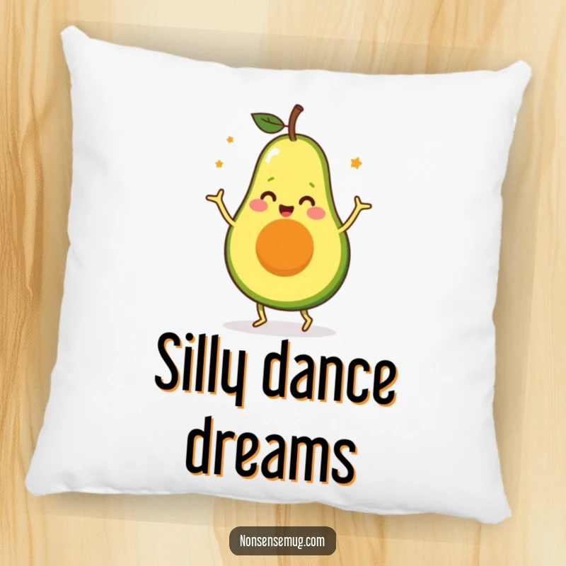 Funny Avocado Pillow: A soft, plush pillow featuring a funny avocado character performing a silly, joyful dance.