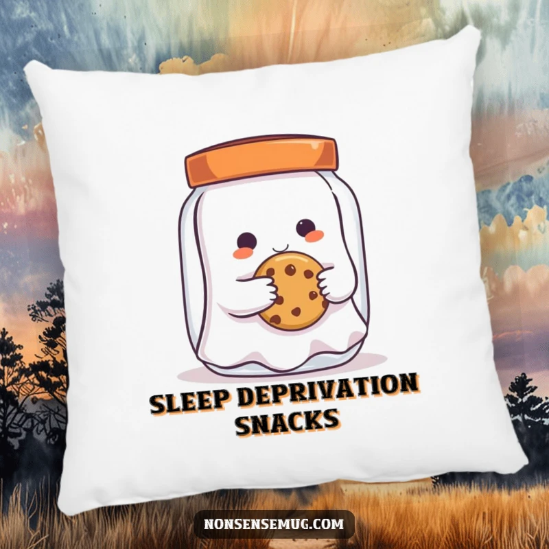 Funny mischievous ghost, caught trying to steal a cookie, on a soft pillow, adding a touch of playful spookiness.