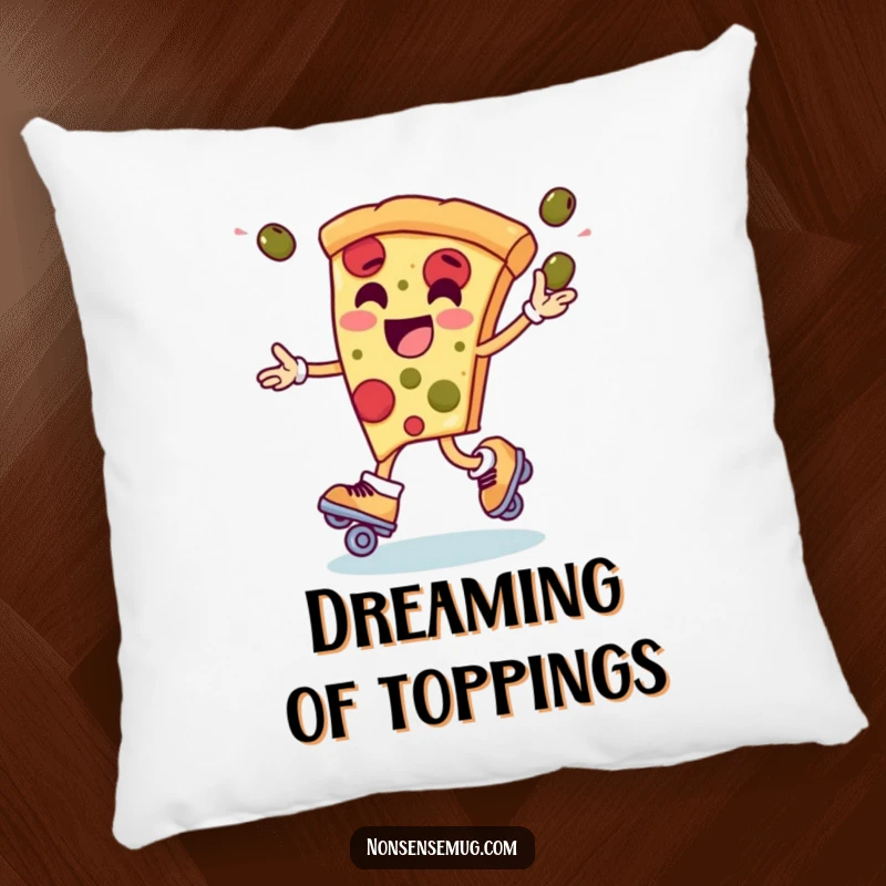 Funny pillow design of a pizza slice wearing roller skates, happily juggling black olives, offering a soft spot for relaxation.