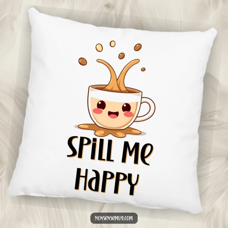 Funny pillow showcasing a surprised coffee cup spilling happily, offering cozy comfort and a comical accent for any room.
