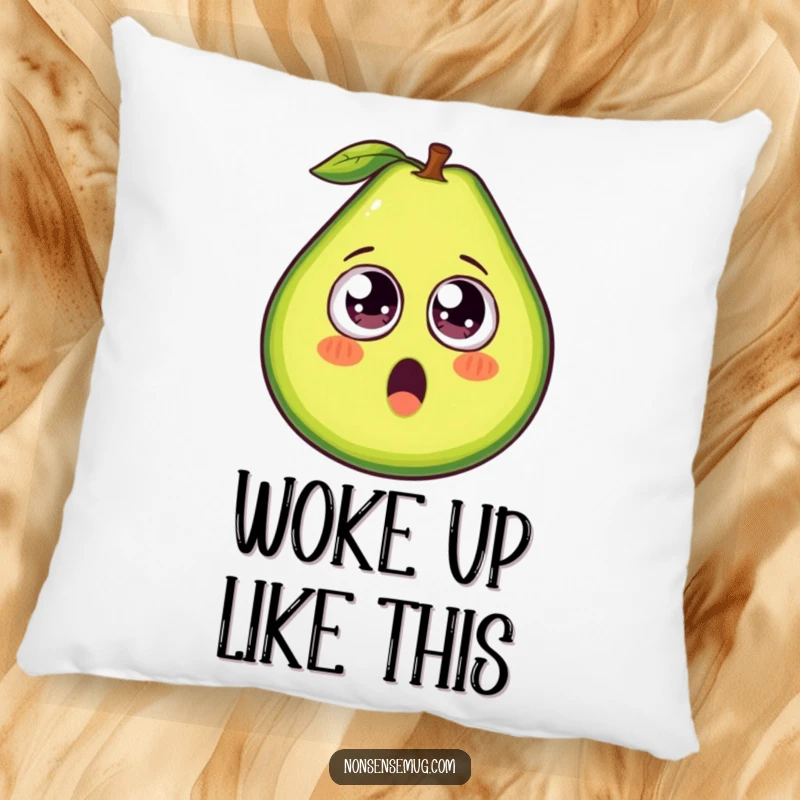 Funny avocado pillow, a soft cushion featuring a surprised avocado with comical googly eyes, great for comfort.