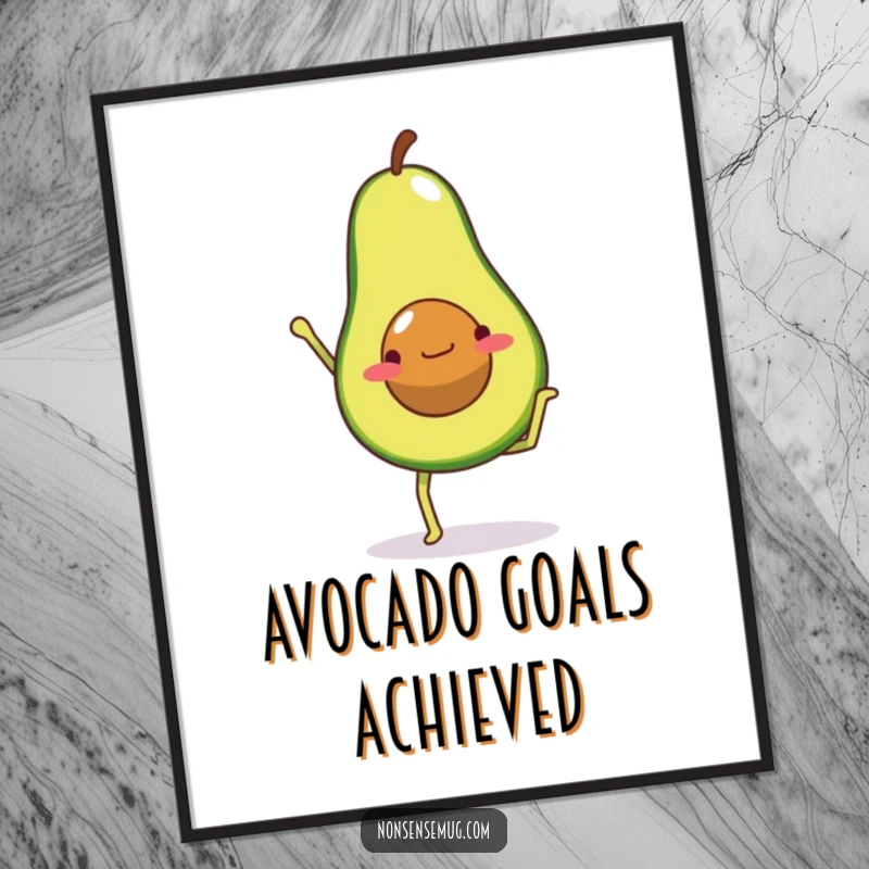 Funny digital art print of an avocado character with legs bravely attempting a handstand, conveying a humorous take on fitness.